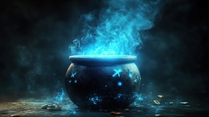 Black cauldron with a magical aura, depicted in a 3D illustration, evoking themes of fantasy and mystery.
