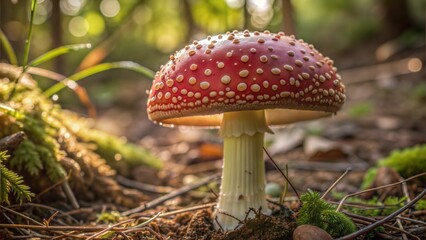 Fototapeta premium Close-Up of Amanita Muscaria Mushroom with Red Cap in Sunlit Forest