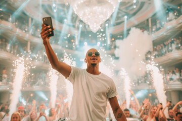 Fototapeta premium Stylish Young Man Taking Selfie at Vibrant Club Party with Sparklers