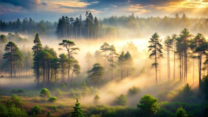 Fototapeta premium Majestic Foggy Morning in Pine Forest with Sunlight Breaking Through Mist