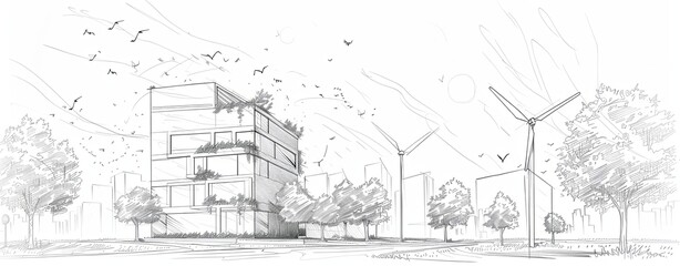 Fototapeta premium Hand-drawn sketch of a sleek modern building with vertical gardens and wind turbines, symbolizing sustainable architecture and energy conservation; clear lines, detailed shading