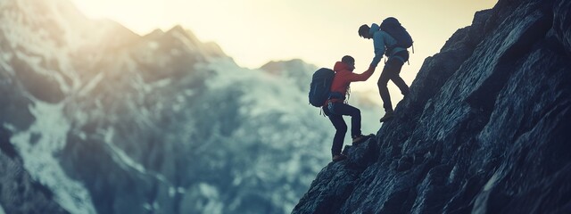 A person helping another up to the top of the mountain, demonstrating friendship and assistance in climbing