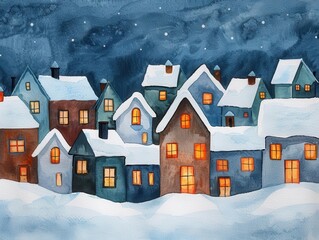 Naklejka premium Watercolor Christmas village with snow-covered rooftops and warm glowing windows, on a twilight sky, Christmas background, cozy holiday atmosphere
