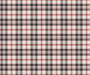 Plaid fabric pattern, white, brown, red, seamless for textiles and design clothing, skirts, pants, aprons, tablecloths, blankets or decorative fabrics. Vector illustration.