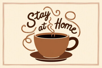 Cup of coffee with the text "Stay at home". Cosy illustration. AI