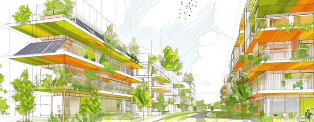 Drawing of a cutting-edge residential building with solar panels, green balconies, and an energy-efficient HVAC system, emphasizing harmony with the environment