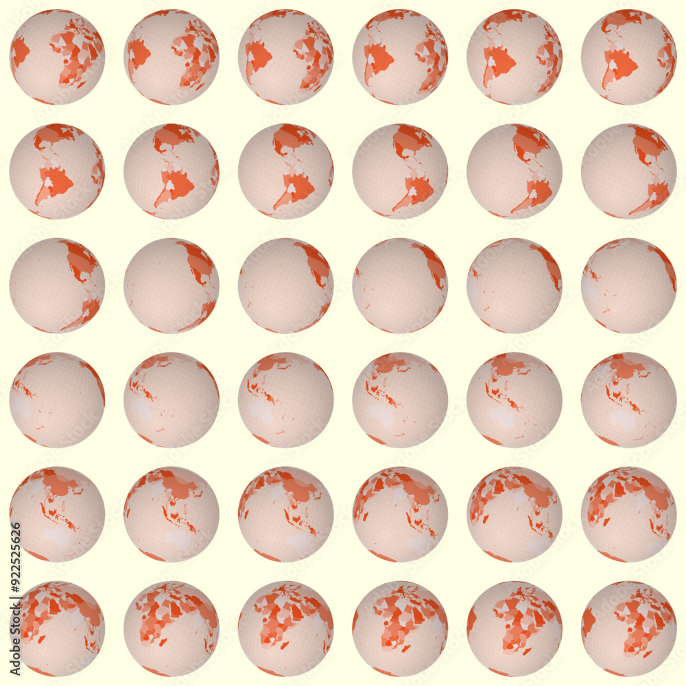 Aufkleber collection of globes. tilted sphere view. rotation step 10 degrees. colored countries style. world m