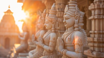 Fototapeta premium Indian temple statues with detailed craftsmanship, warm sunlight, clear sky, historical significance