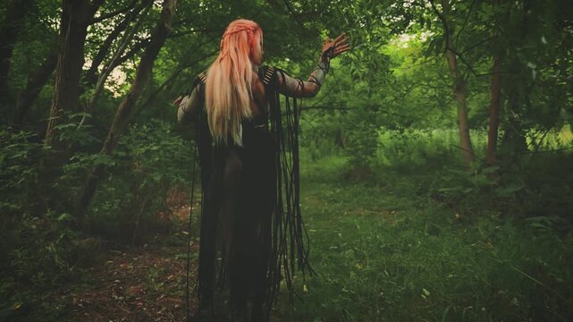 Halloween holiday. fantasy woman witch walking in dark dense forest green tree. black dress waving gothic boho style macrame, elf fairy girl shaman beckons with hand gesture of invitation follow me 