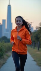 Obraz premium Young Woman Jogging in Urban Park During Sunset with Skyline View