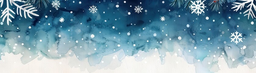 Watercolor gradient background transitioning from deep blue to soft white, with delicate snowflakes falling, Christmas background, elegant winter transition