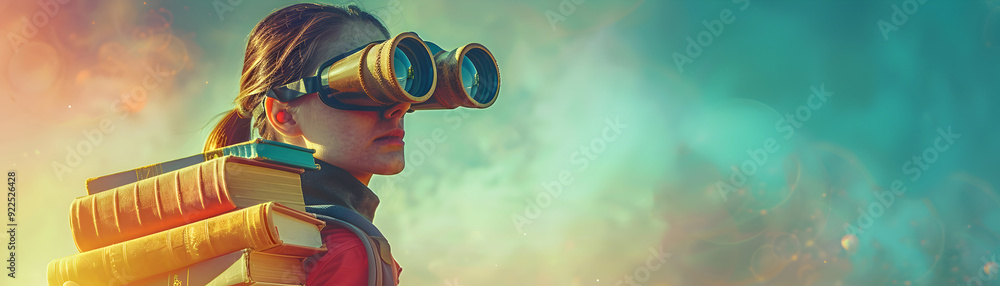 Aufkleber ambitious student with books and binoculars embracing exploration and knowledge in dreamy background
