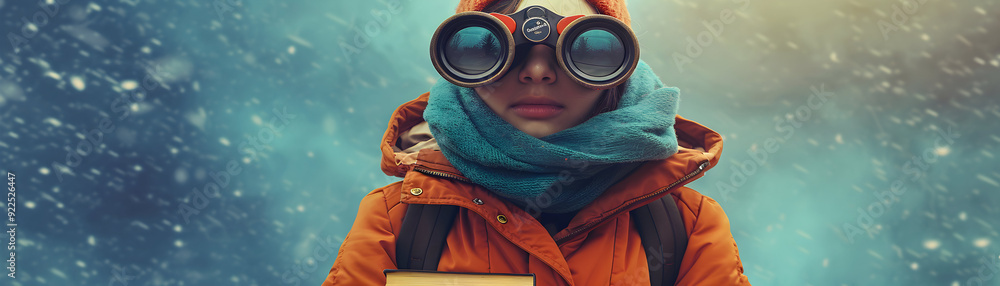 Poster student with books and binoculars in dreamy background educational exploration image with space for 