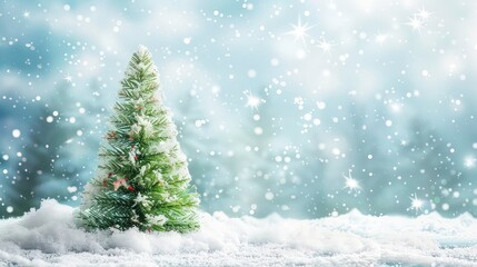 A small green fir tree stands in the snowy landscape, surrounded by white snow and shimmering lights.