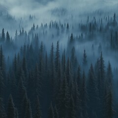Misty forest. Foggy mountains. Misty spruce landscape banner