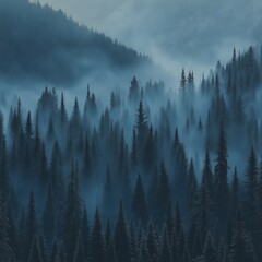 Misty forest. Foggy mountains. Misty spruce landscape banner