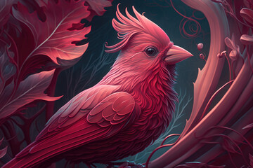 Elegant Cardinal Bird in Ornate, Intricate Illustration with Botanical Elements


