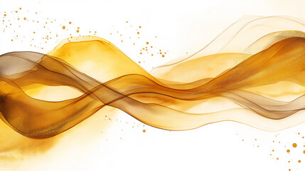 Modern watercolor background or elegant card design for birthday invite or wedding or menu with abstract yellow brown ink waves and golden splashes. Marble pattern.