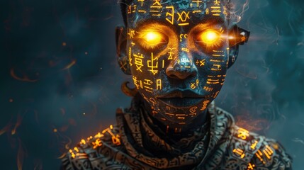 Obraz premium A humanoid figure with glowing eyes and mysterious symbols adorns its skin, creating an eerie atmosphere in a dimly lit setting