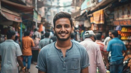 Young man standing confidently on a busy Indian street with people in the background