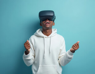 Naklejka premium Person Enjoying Virtual Reality Experience with Headset on.