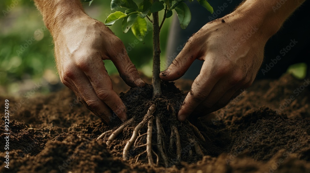 Aufkleber Hands pressing soil around the base of a newly planted tree, with roots partially visible, illustrating the careful process of securing the sapling.