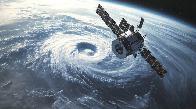 Satellite Orbiting Earth with a Hurricane Below