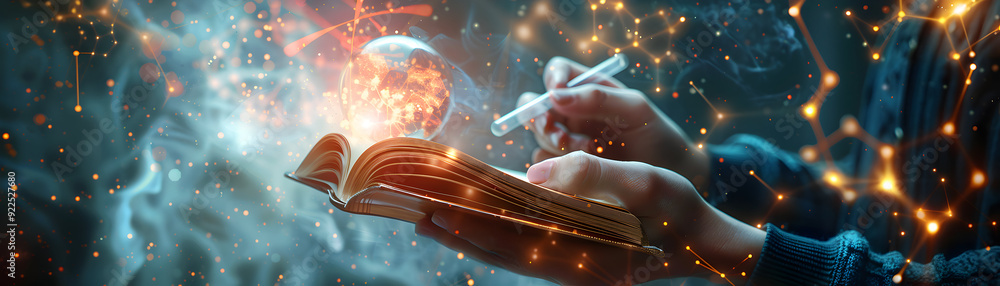 Poster photo realistic student with books and science experiment concept: exciting hands on learning with d