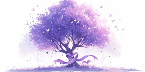 Elegant Lavender Ribbons Embellishing a Heart-Shaped Tree for Cancer Awareness, Celebrating World Cancer Day and National Cancer Survivors Month with a Touch of Compassion and Hope