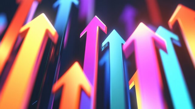 Dynamic arrows being launched upward, representing concepts of growth, success, and forward momentum, in a vibrant 3D render.