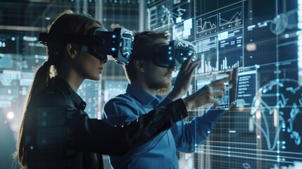 Two business persons are developing a project using virtual reality goggles.