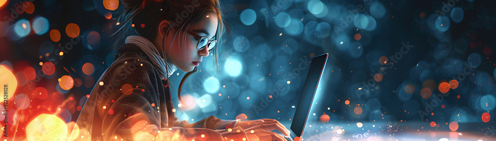 Poster modern student with laptop and coding book: technology integration in education