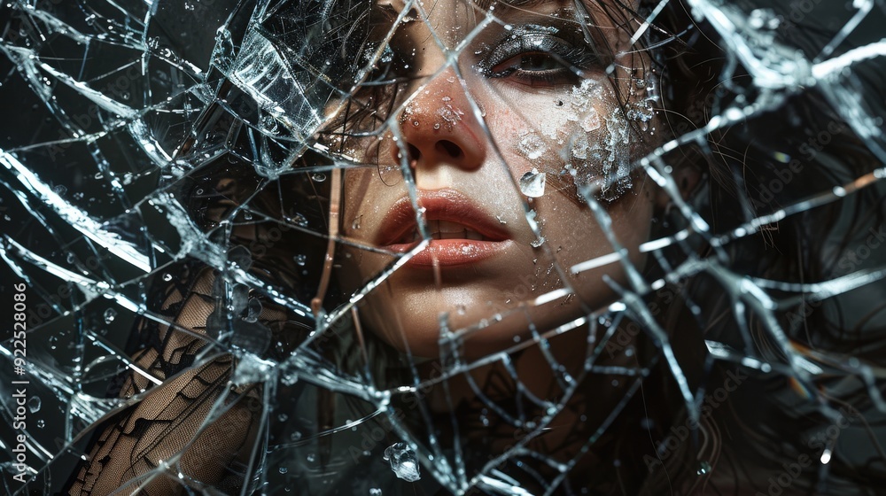 Poster a person is portrayed with fractured reflections in broken glass, creating an intense and emotional 