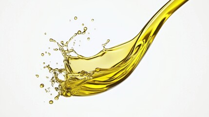 Realistic 3D splash of olive oil with perfect clarity, suspended mid-air against a white background for culinary or health concepts.