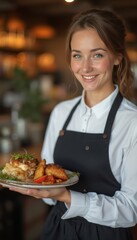 Smiling Waitress Presenting Delicious Meal in Cozy Restaurant.