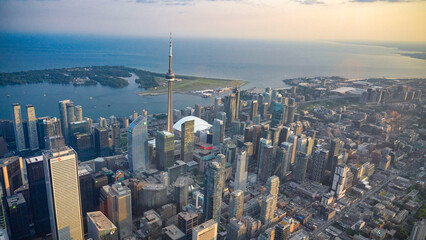 Aerial view of Toronto skyline from helicopter on a beautiful summer sunset, Ontario - Canada
