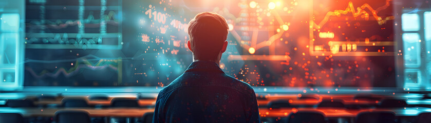 Photo Realistic Teacher in Virtual Classroom with Charts for Online Education and Data Visualization Meeting