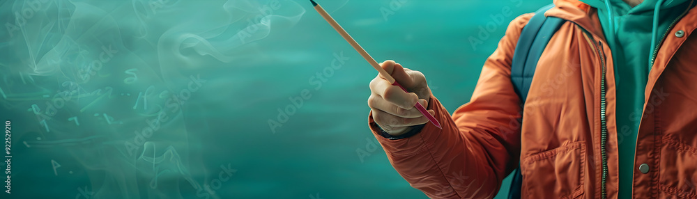Poster photo realistic trainer with training manual and pointer against whimsical background | symbolizing 