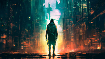 Abstract man tech standing in the city cyberpunk, Ai generate