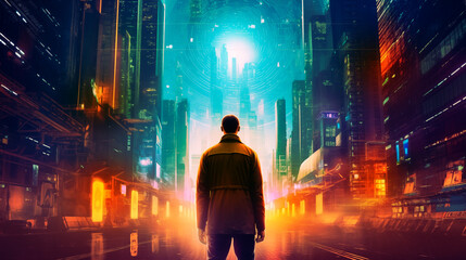 Abstract man tech standing in the city cyberpunk, Ai generate