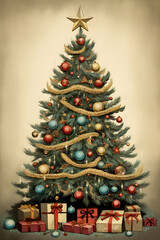 vintage style illustrated christmas tree, chrostmas tree illustration