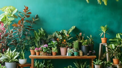 A variety of potted plants on wooden tables against an emerald green wall, creating a vibrant and fresh indoor garden setting with an abundance of plant life