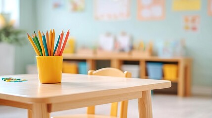 Colorful classroom with desks, chairs, and a blackboard.