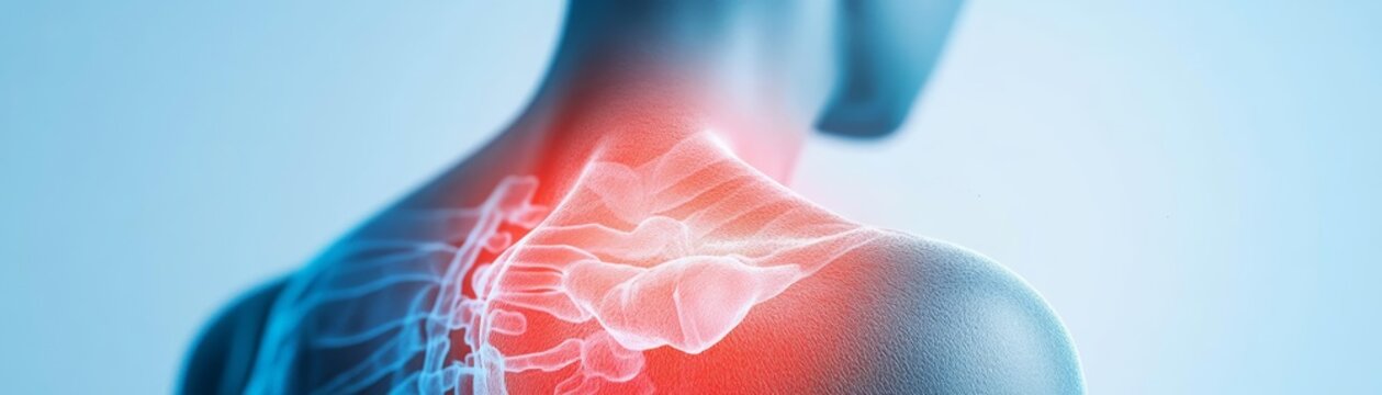 Fingers digging into a sore shoulder, sharp ache pulsating, sharp shoulder pain, muscle discomfort close-up