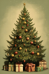 Obraz premium vintage style illustrated christmas tree, chrostmas tree illustration