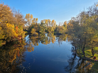 Beautiful Autumn View with reflection at Tundja River, near Ustrem Village, Bulgaria
