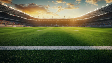 A football field with a white line and a crowd of people watching