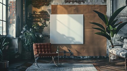 Industrial Loft Interior with Blank Canvas and Plants