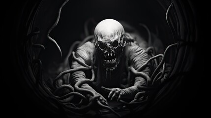 A fearsome demon stares out of the darkness. An evil undead creature from another world.