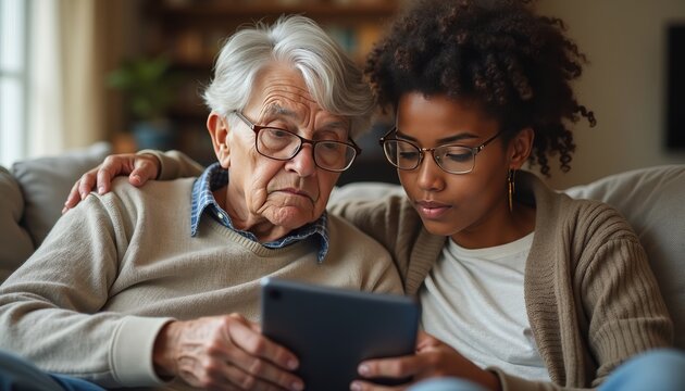 Two People Engaged in a Digital Activity on a Tablet Together.